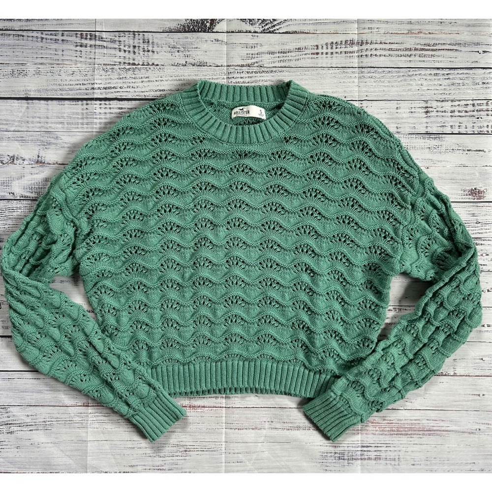 Hollister California Green Crochet Knit Pullover Sweater Women's Small